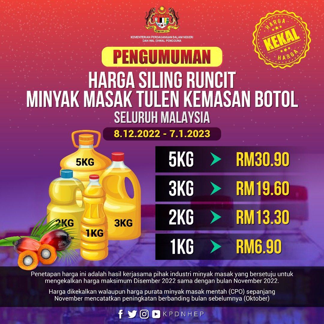 Harga Runcit Maksimum Minyak Masak Tulen Kemasan Botol Tidak Berubah ...