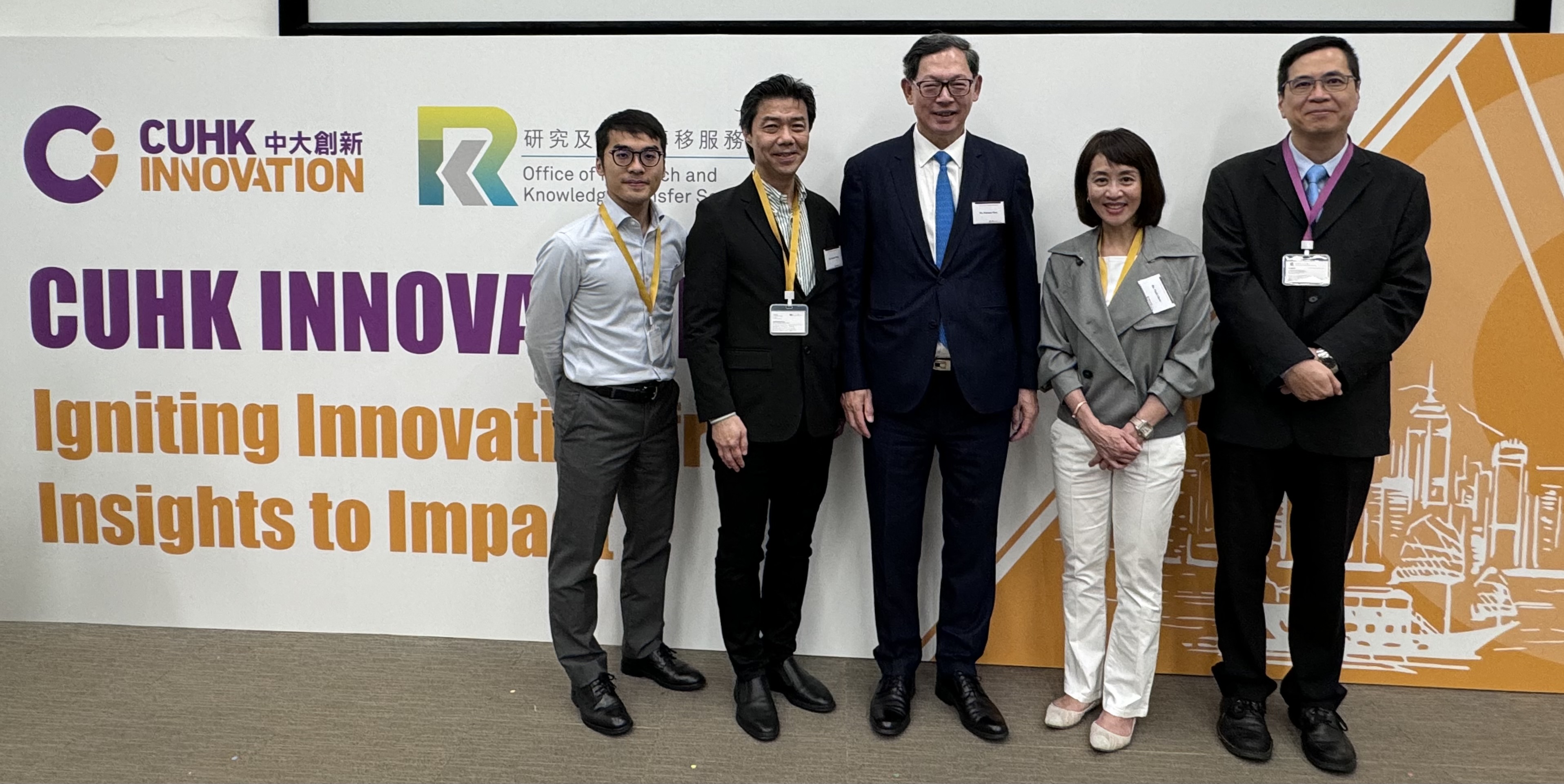 CUHK Innovation Limited has announced its investment in BioMed, marking its first investment since its establishment. Pictured are Mr. Vincent Tsang, CEO and Co-founder of BioMed (second from the left), Dr. Norman Chan, Chairman of CUHK Innovation Limited (third from the left), Ms. Cindy Chow, Director of CUHK Innovation Limited (second from the right), and Professor Stephen Tsui, Co-founder of BioMed and Associate Director (Research) of School of Biomedical Sciences, CUHK (first from the right).